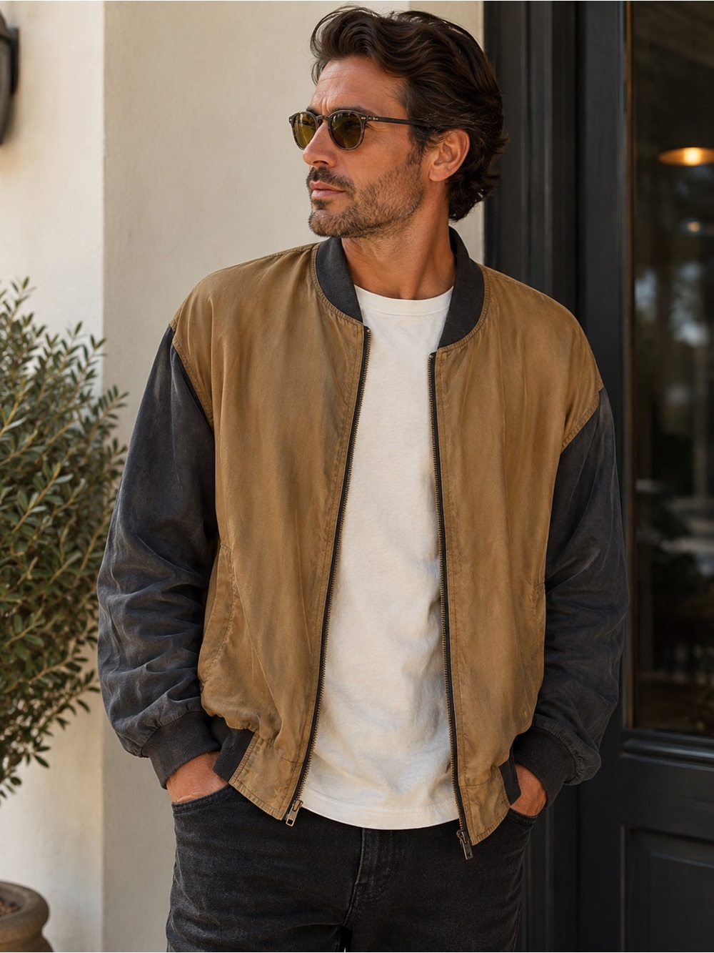 Bogari Two-Tone Brown and Black 100% Silk Bomber Jacket